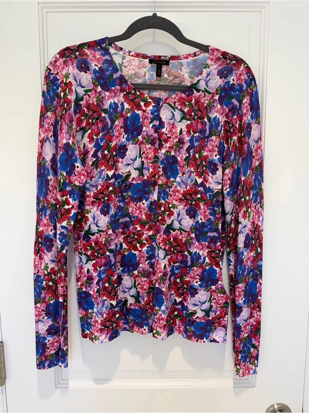 Escada Floral Button-Front Cardigan in Pink & Purple